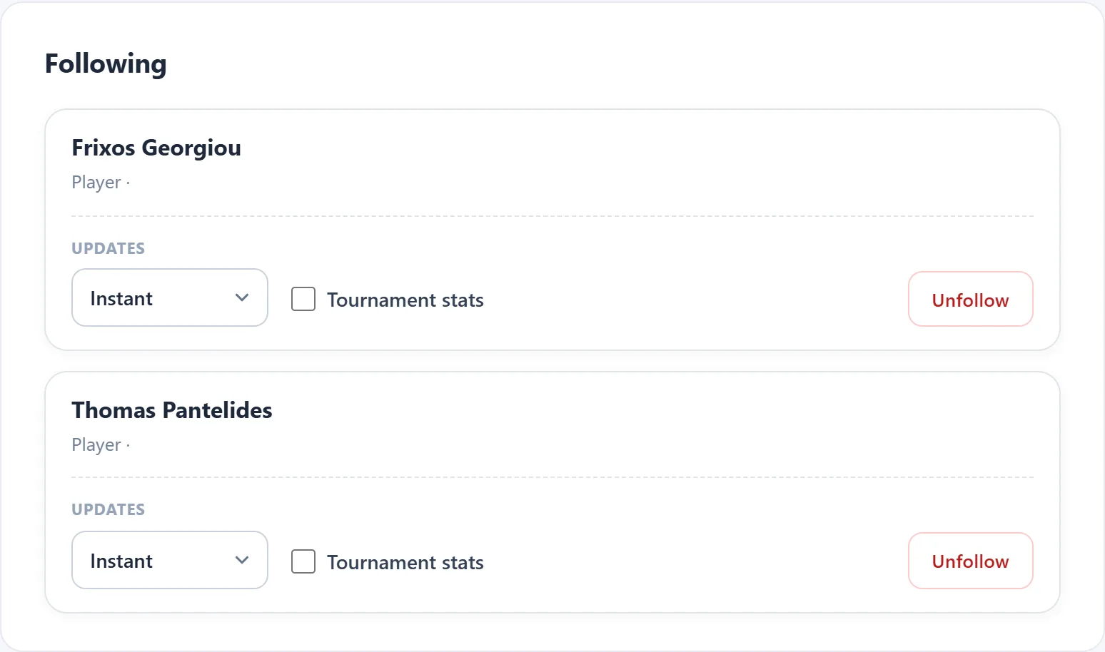 Screenshot: Follow players and teams